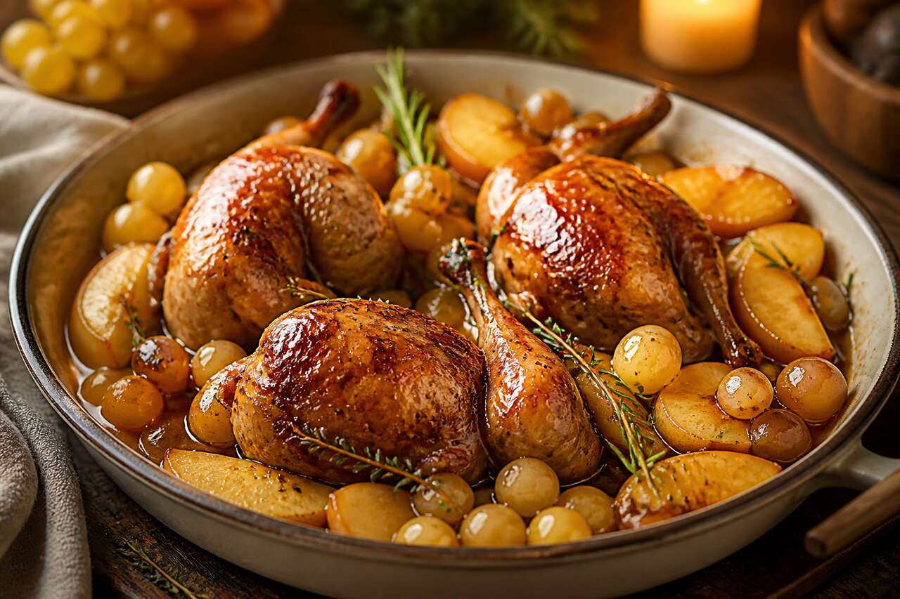 Cailles braisées au miel, pommes et raisins : découvrez la recette