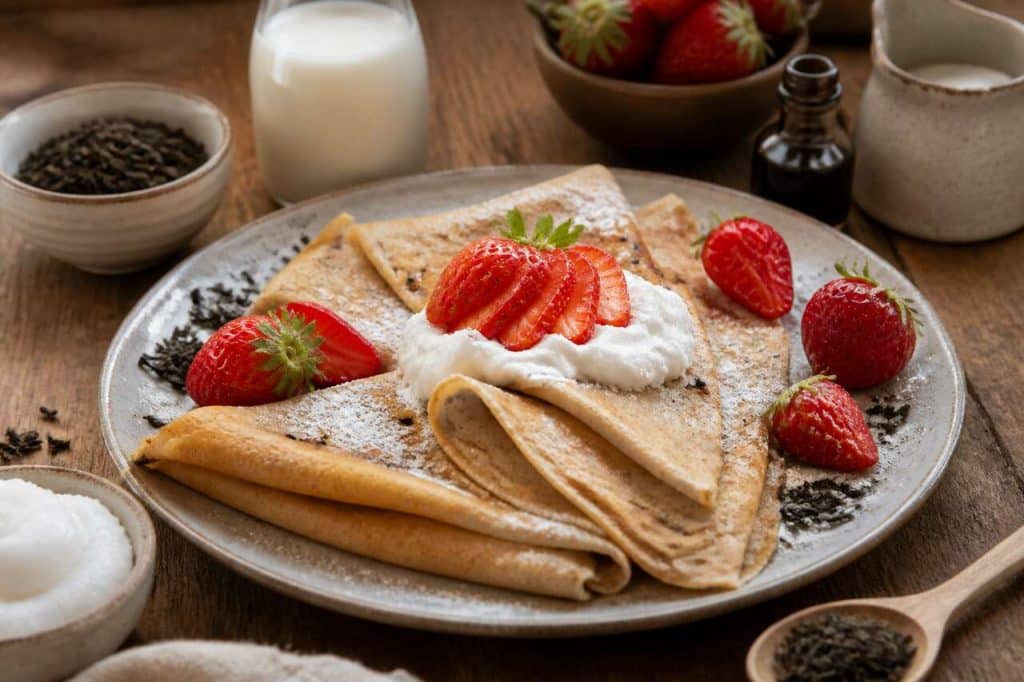 Crêpes au petit épeautre et crème sans œufs, thé Earl Grey et gariguettes