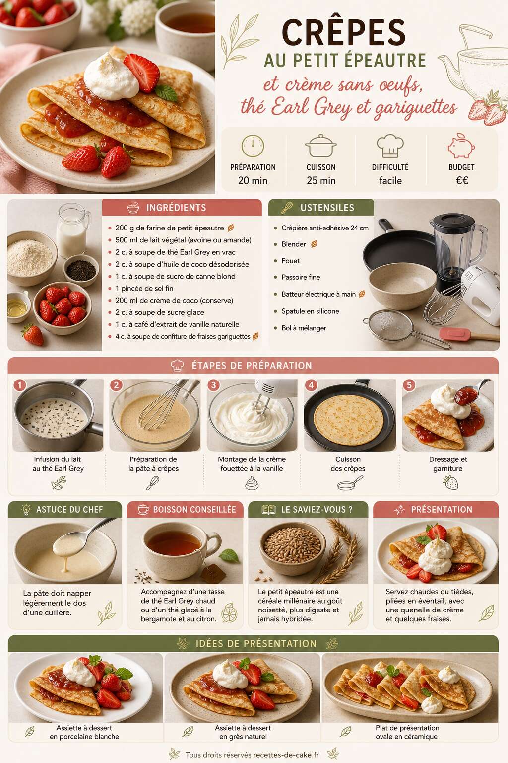 Fiche recette Crêpes au petit épeautre et crème sans œufs, thé Earl Grey et gariguettes Fiche recette Crêpes au petit épeautre et crème sans œufs, thé Earl Grey et gariguettes
