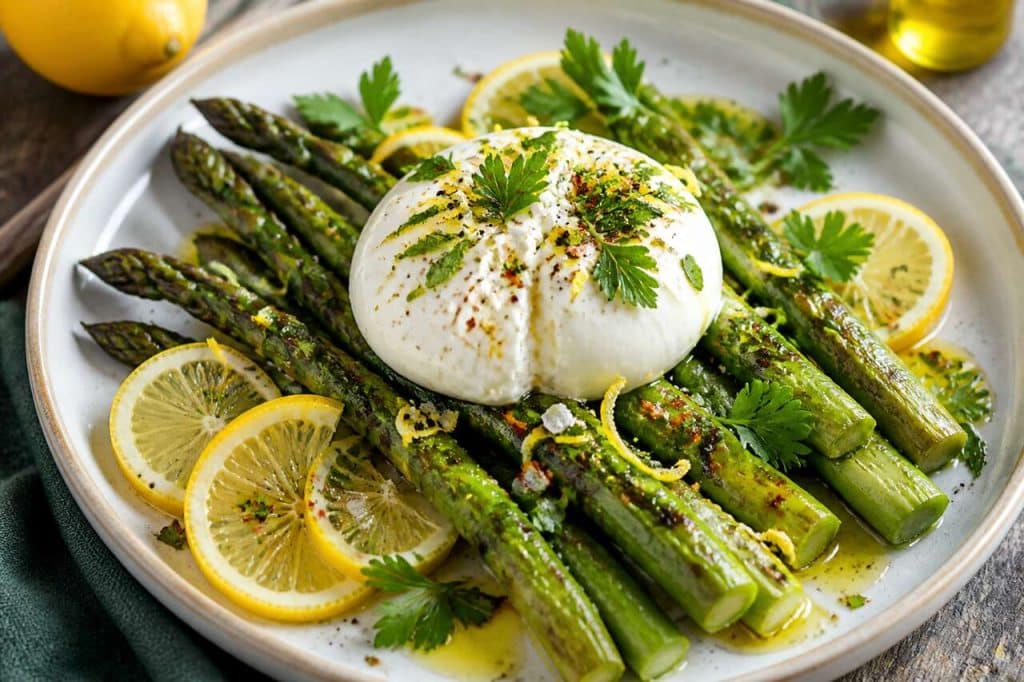 Asperges grillées : délice de gremolata et burrata