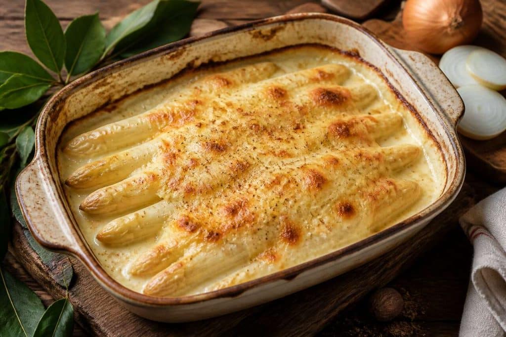 Gratin d'asperges blanches à la béchamel : recette savoureuse