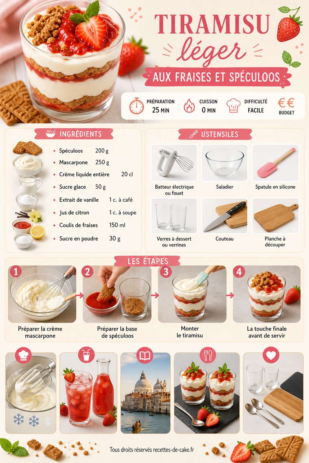 Fiche recette Tiramisu léger aux fraises et spéculoos : recette facile Fiche recette Tiramisu léger aux fraises et spéculoos : recette facile