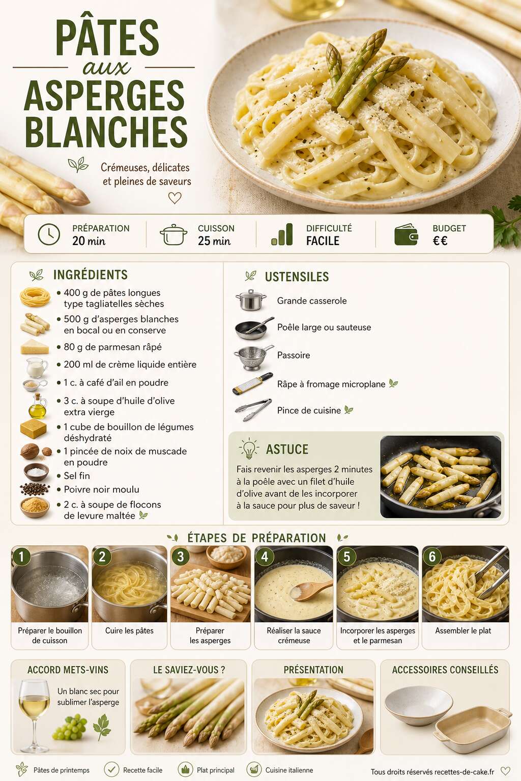 Fiche recette Recette de pâtes aux asperges blanches Fiche recette Recette de pâtes aux asperges blanches