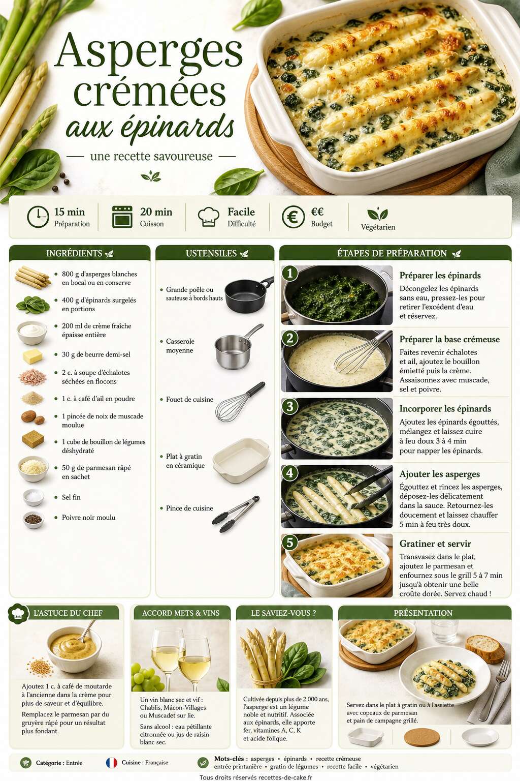 Fiche recette Asperges crémées aux épinards : une recette savoureuse Fiche recette Asperges crémées aux épinards : une recette savoureuse