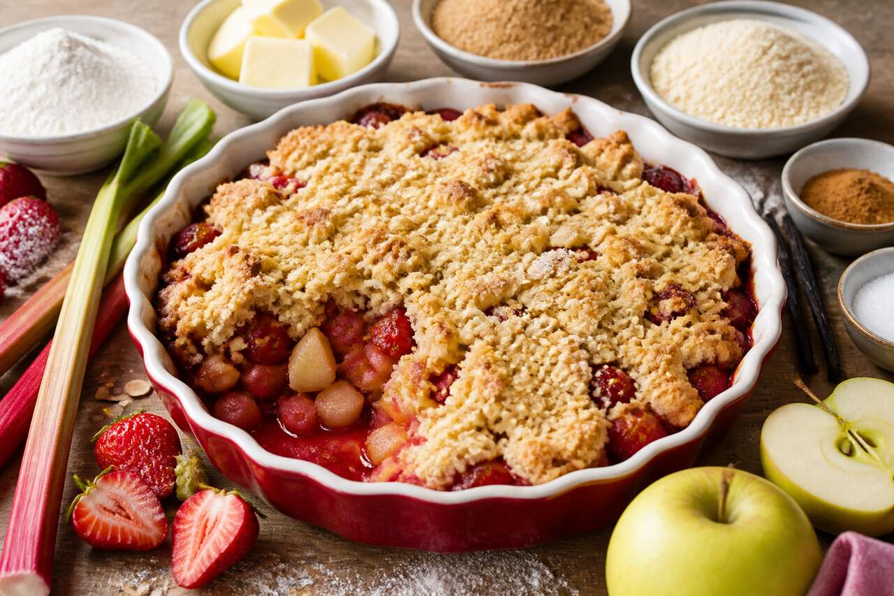 Crumble pommes, fraises et rhubarbe : recette gourmande