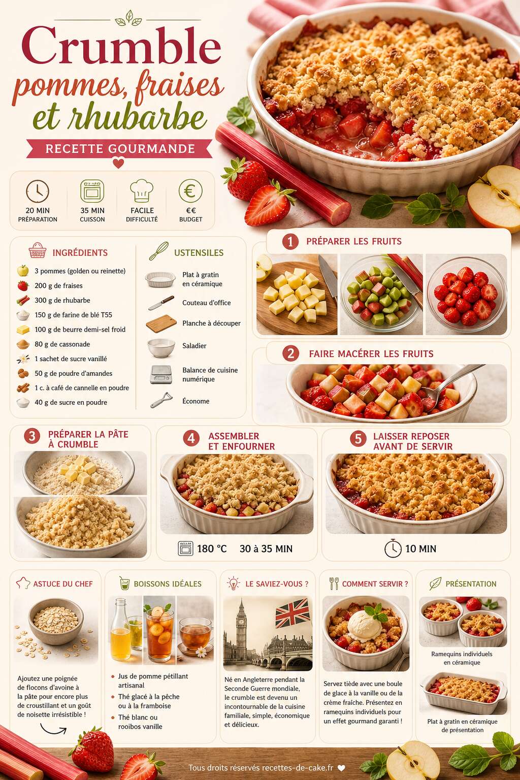 Fiche recette Crumble pommes, fraises et rhubarbe : recette gourmande Fiche recette Crumble pommes, fraises et rhubarbe : recette gourmande