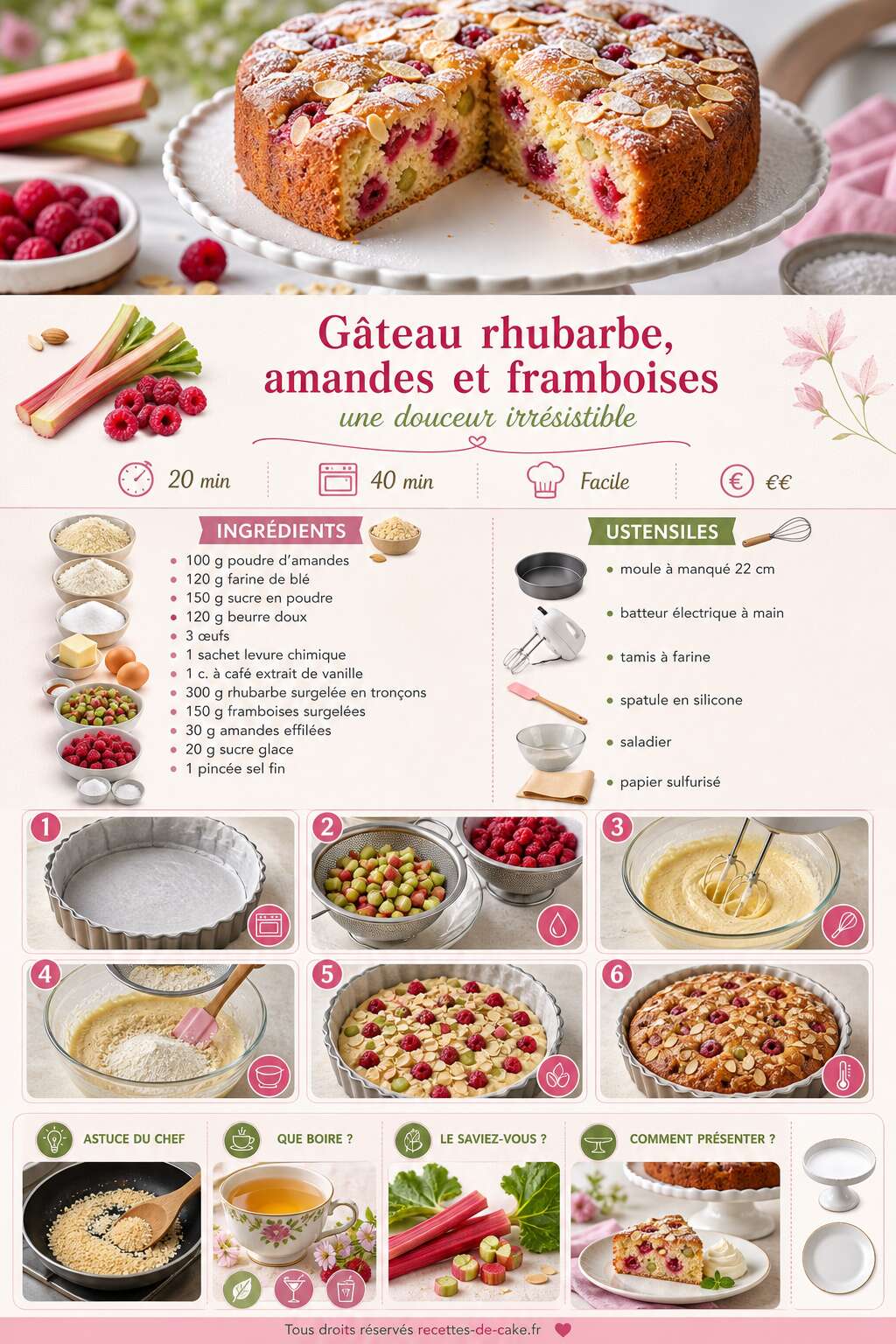 Fiche recette Gâteau rhubarbe, amandes et framboises : une douceur irrésistible Fiche recette Gâteau rhubarbe, amandes et framboises : une douceur irrésistible