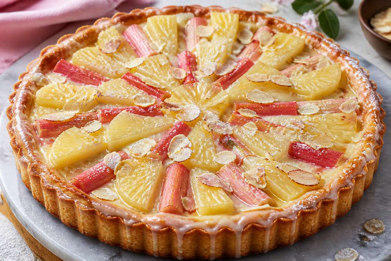 Tarte rhubarbe, ananas et crème d'amandes : recette gourmande