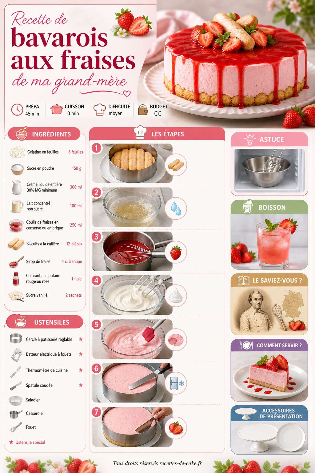 Fiche recette Recette de bavarois aux fraises de ma grand-mère Fiche recette Recette de bavarois aux fraises de ma grand-mère