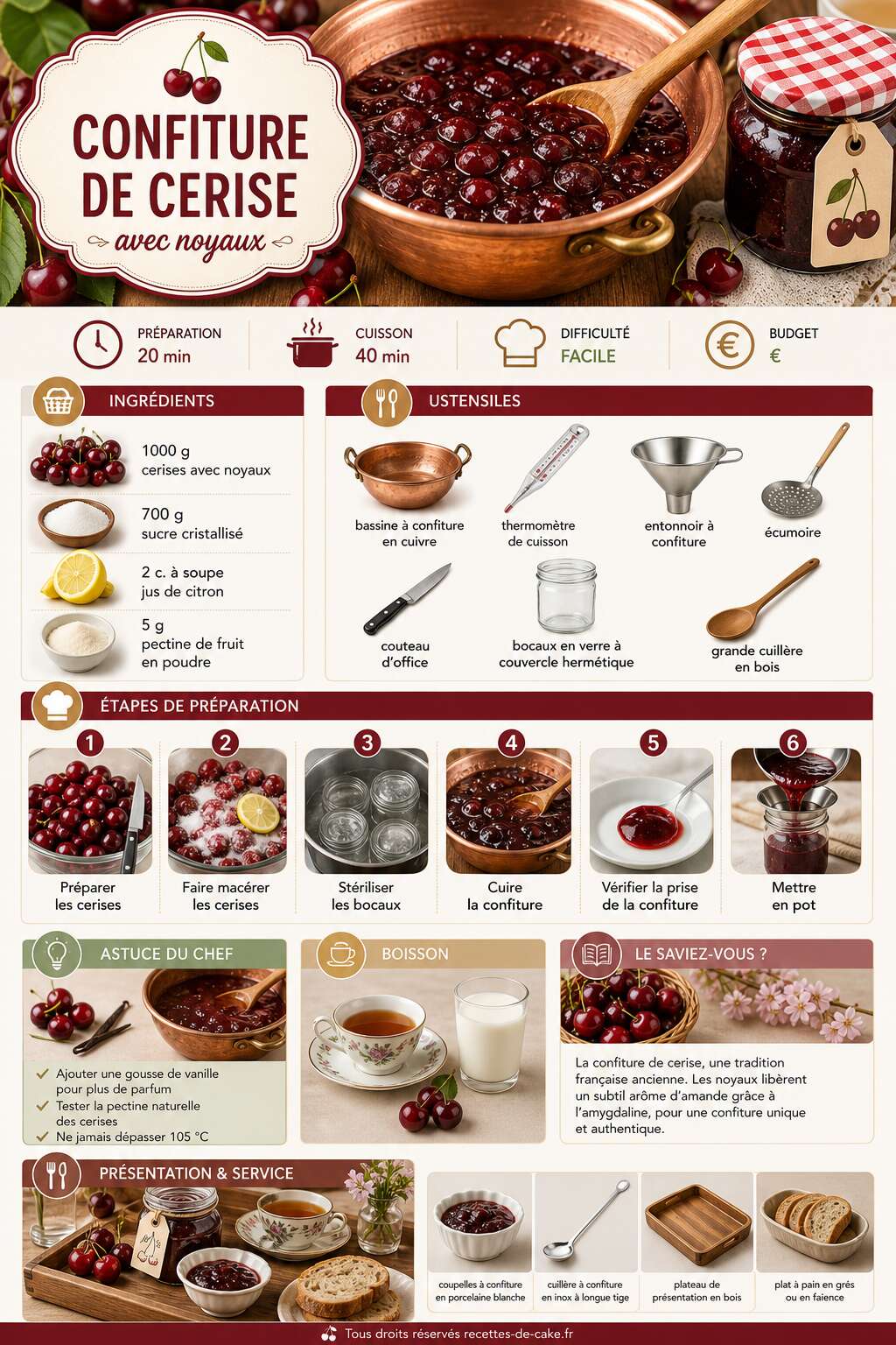 Fiche recette Recette de confiture de cerise avec noyaux Fiche recette Recette de confiture de cerise avec noyaux