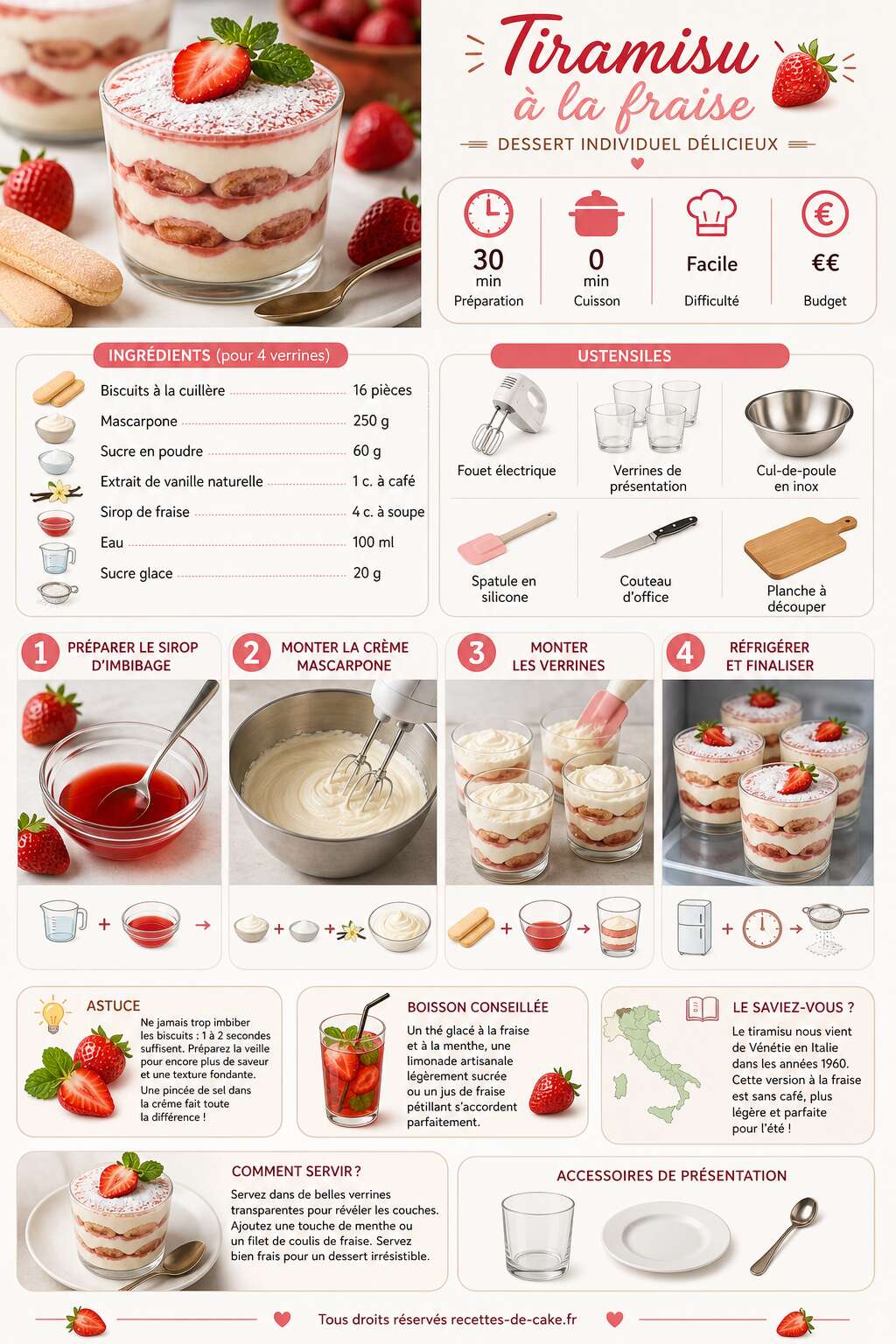 Fiche recette Tiramisu à la fraise : dessert individuel délicieux Fiche recette Tiramisu à la fraise : dessert individuel délicieux