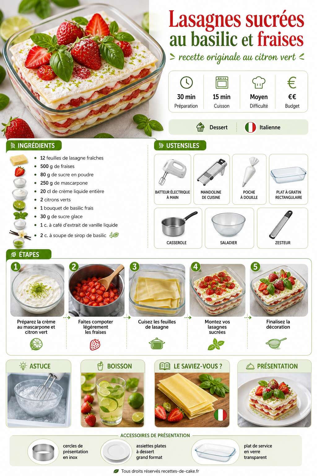Fiche recette Lasagnes sucrées au basilic et fraises : recette originale au citron vert Fiche recette Lasagnes sucrées au basilic et fraises : recette originale au citron vert