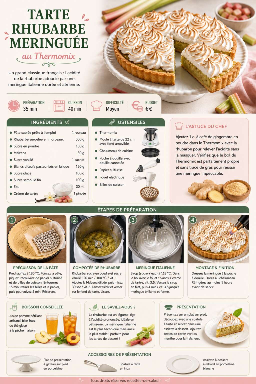 Fiche recette Tarte rhubarbe meringuée au Thermomix : recette savoureuse Fiche recette Tarte rhubarbe meringuée au Thermomix : recette savoureuse