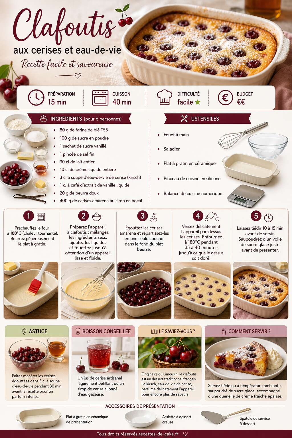 Fiche recette Clafoutis aux cerises et eau-de-vie : recette facile et savoureuse Fiche recette Clafoutis aux cerises et eau-de-vie : recette facile et savoureuse