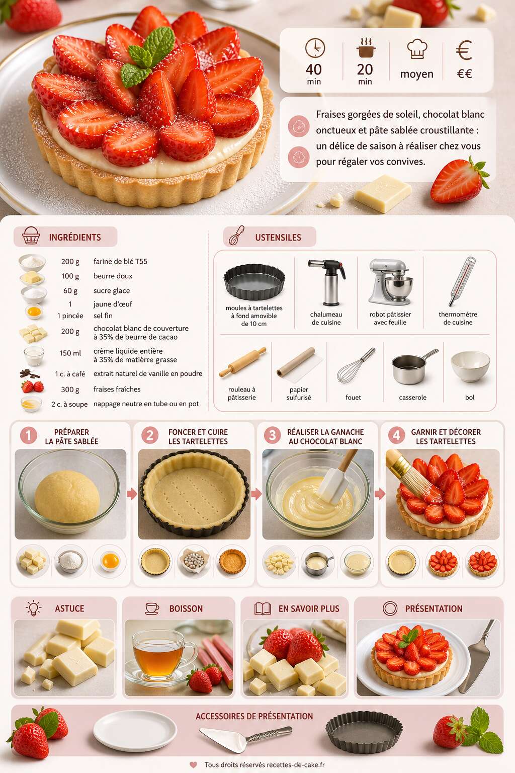Fiche recette Recette de tartelettes fraises chocolat blanc : un délice à découvrir Fiche recette Recette de tartelettes fraises chocolat blanc : un délice à découvrir