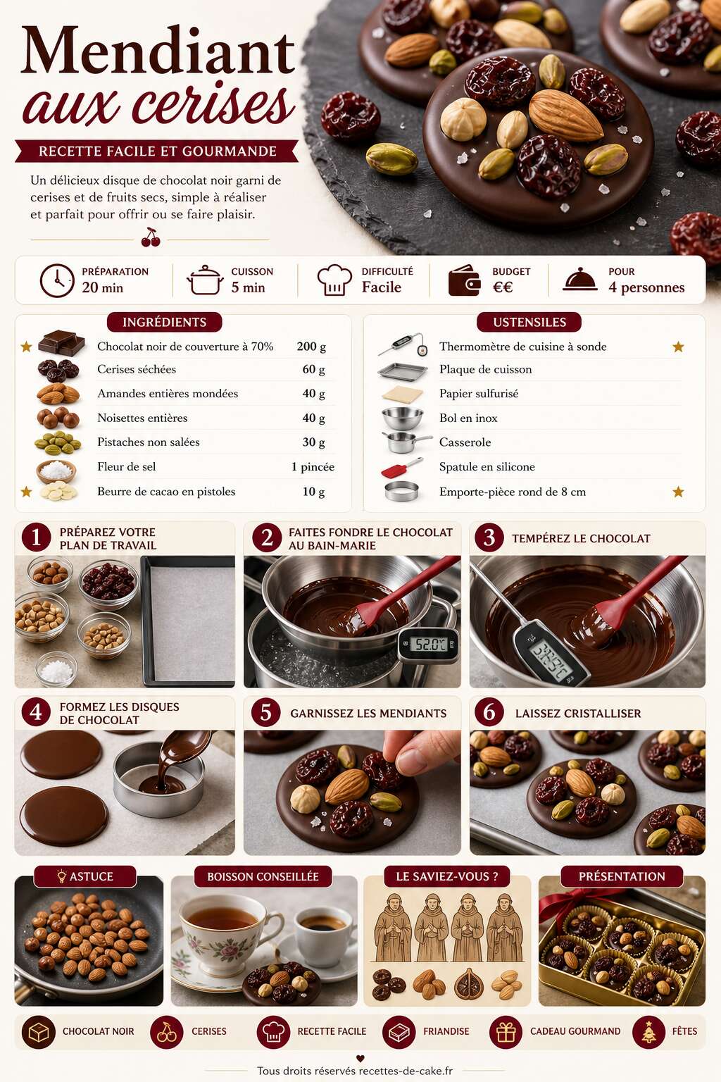 Fiche recette Mendiant aux cerises : recette facile et gourmande Fiche recette Mendiant aux cerises : recette facile et gourmande