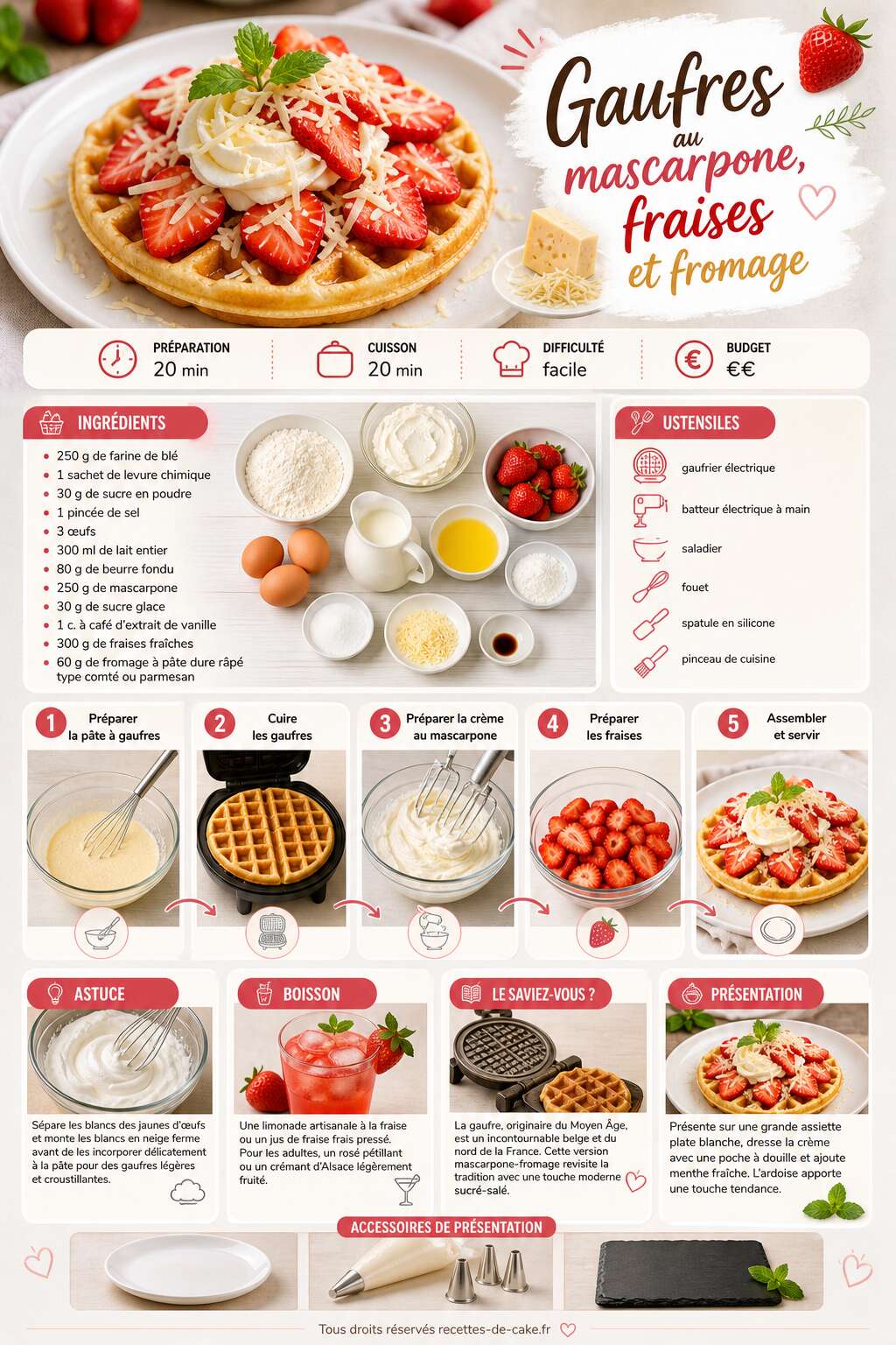 Fiche recette Recette de gaufres au mascarpone, fraises et fromage Fiche recette Recette de gaufres au mascarpone, fraises et fromage