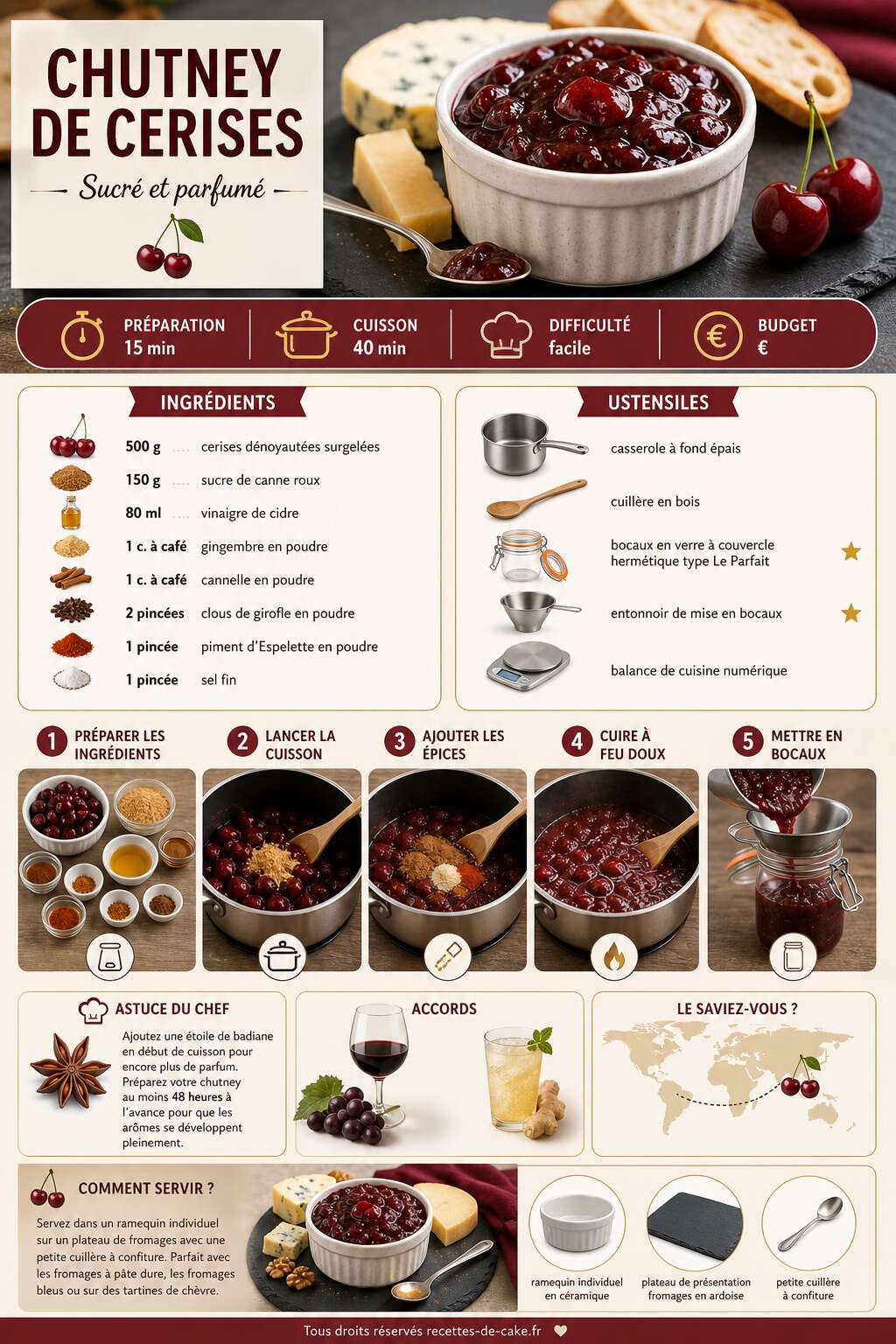 Fiche recette Recette facile de chutney de cerises : sucré et parfumé Fiche recette Recette facile de chutney de cerises : sucré et parfumé