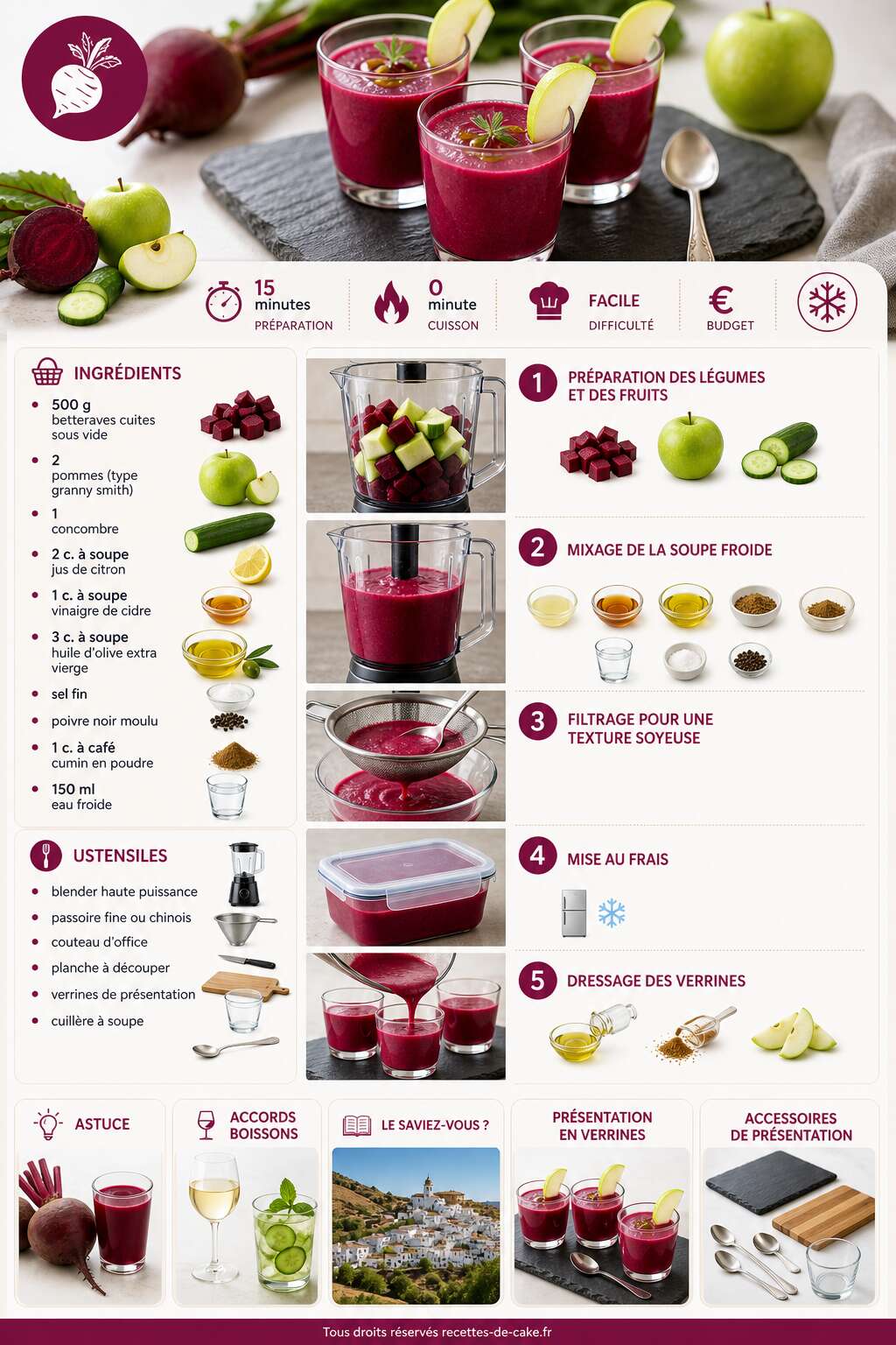 Fiche recette Gaspacho de betteraves et pommes en verrines : recette facile et rafraîchissante Fiche recette Gaspacho de betteraves et pommes en verrines : recette facile et rafraîchissante
