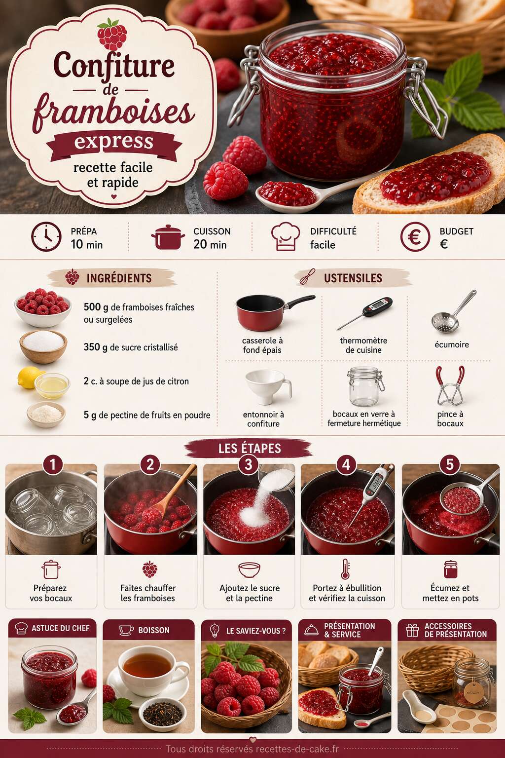 Fiche recette Confiture de framboises express : recette facile et rapide Fiche recette Confiture de framboises express : recette facile et rapide