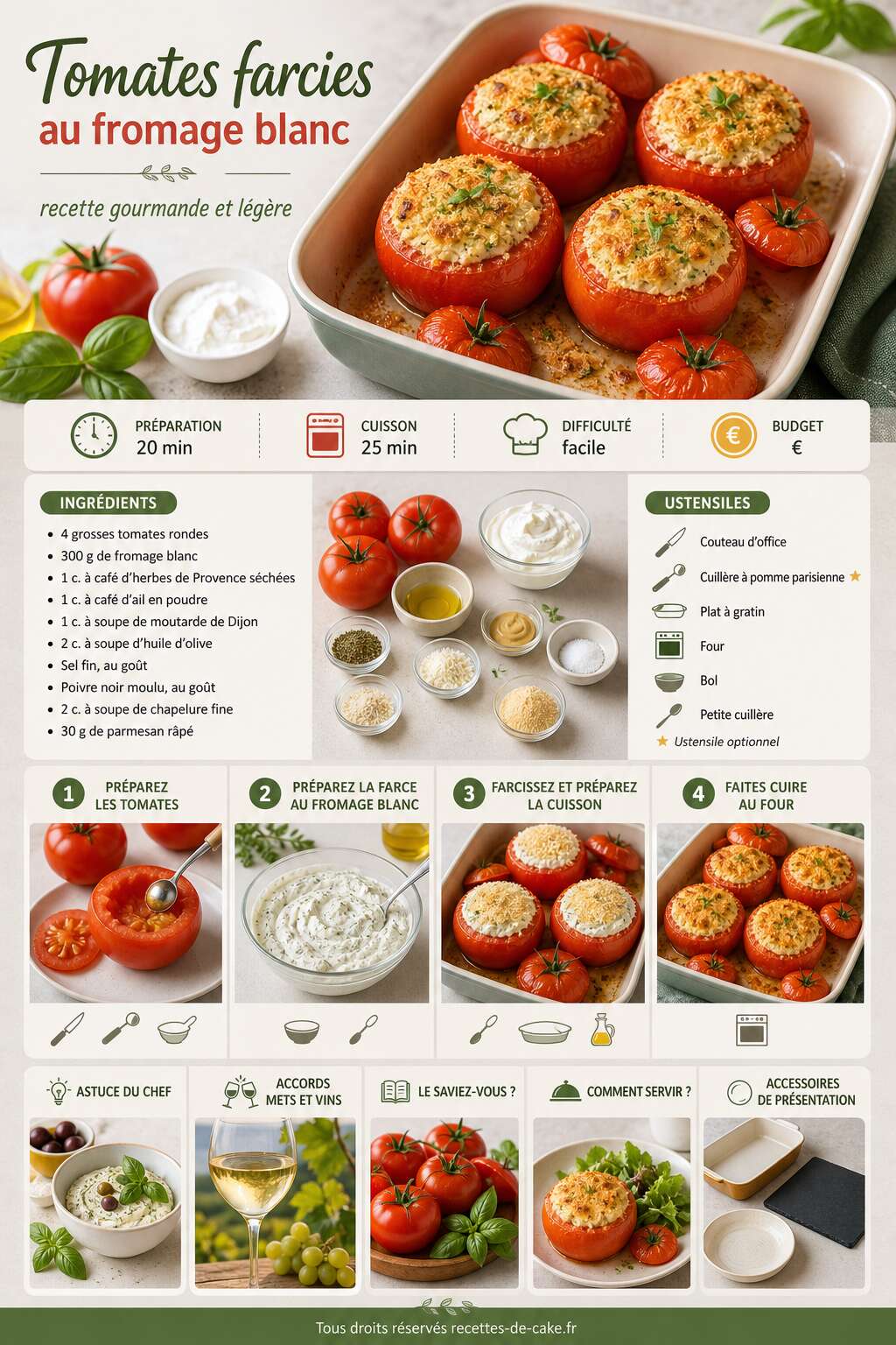 Fiche recette Tomates farcies au fromage blanc : recette gourmande et légère Fiche recette Tomates farcies au fromage blanc : recette gourmande et légère