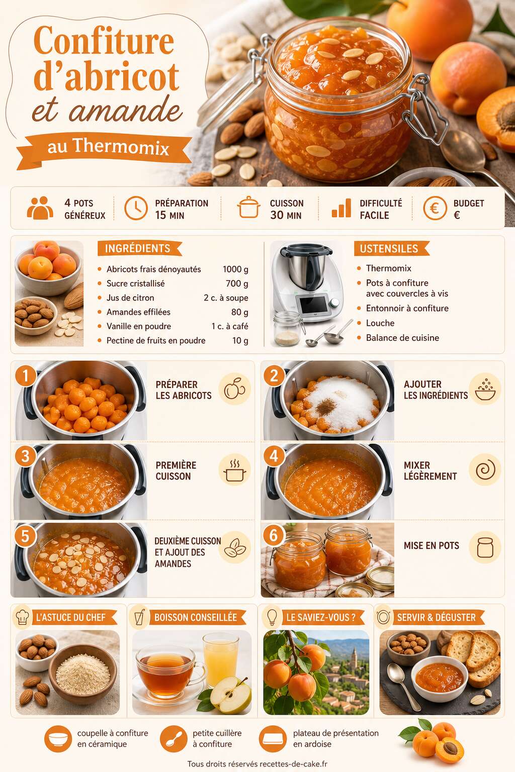 Fiche recette Confiture d'abricot et amande au Thermomix : recette facile Fiche recette Confiture d'abricot et amande au Thermomix : recette facile