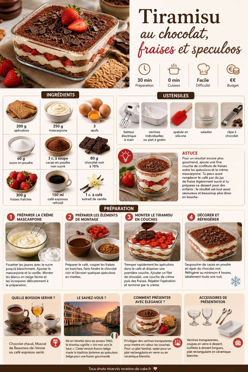 Fiche recette Tiramisu au chocolat, fraises et speculoos : recette gourmande Fiche recette Tiramisu au chocolat, fraises et speculoos : recette gourmande