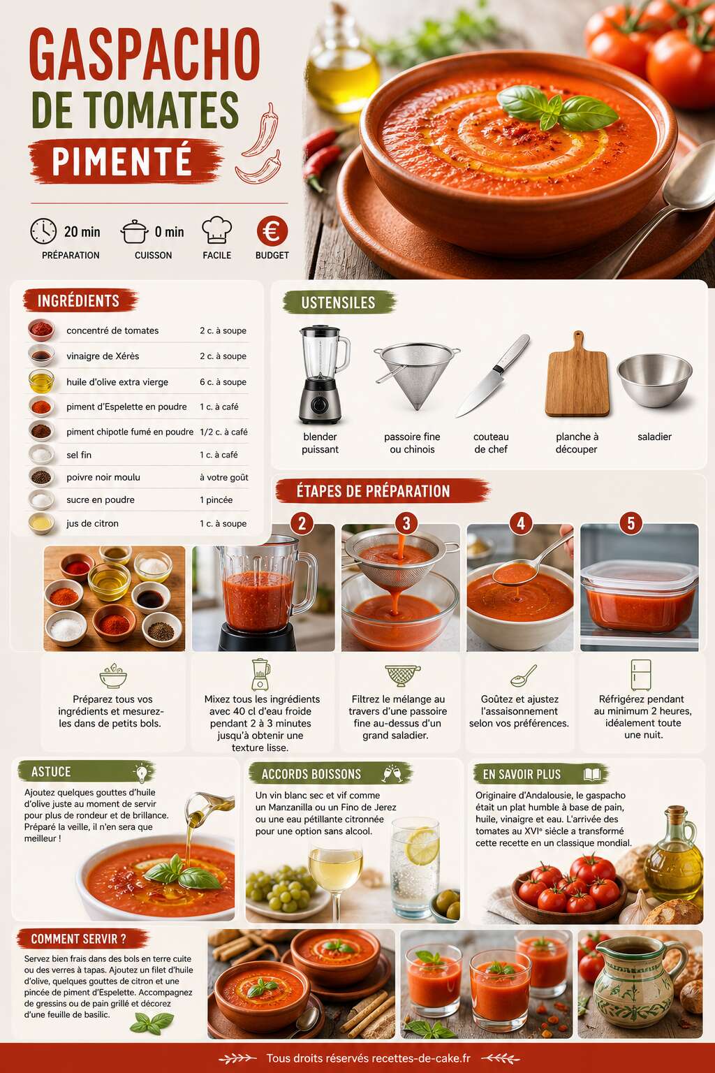 Fiche recette Recette de gaspacho de tomates pimenté : rafraîchissante et épicée Fiche recette Recette de gaspacho de tomates pimenté : rafraîchissante et épicée