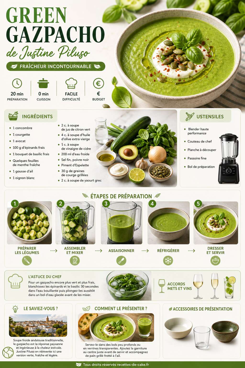 Fiche recette Recette green gazpacho de Justine Piluso : fraîcheur incontournable Fiche recette Recette green gazpacho de Justine Piluso : fraîcheur incontournable