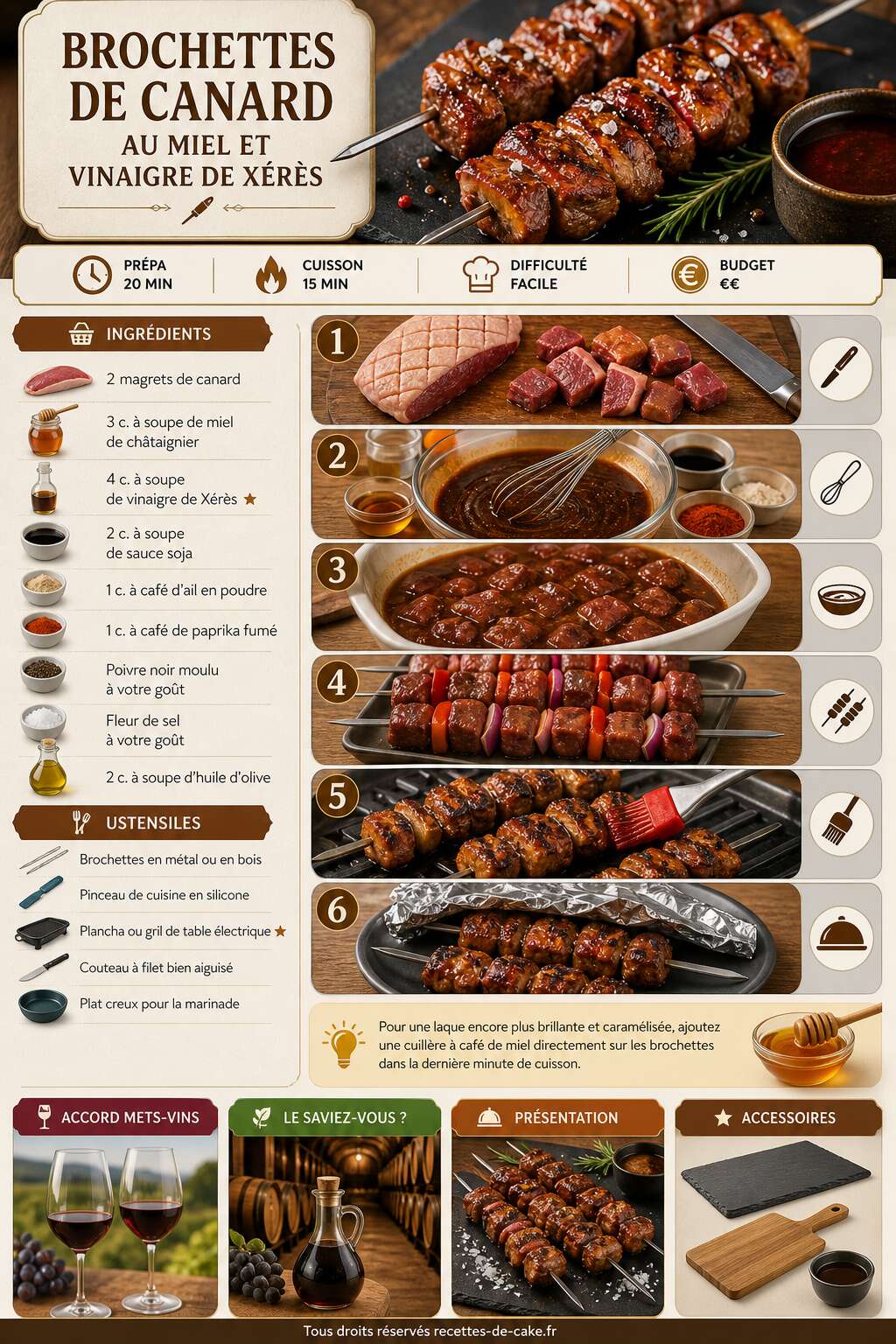 Fiche recette Brochettes de canard au miel et vinaigre de Xérès Fiche recette Brochettes de canard au miel et vinaigre de Xérès