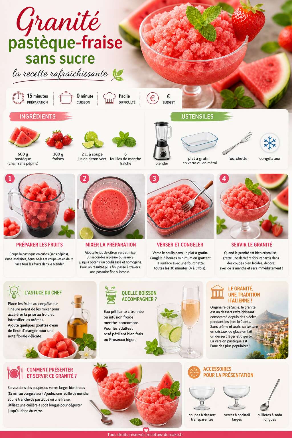 Fiche recette Granité pastèque-fraise sans sucre : la recette rafraîchissante Fiche recette Granité pastèque-fraise sans sucre : la recette rafraîchissante