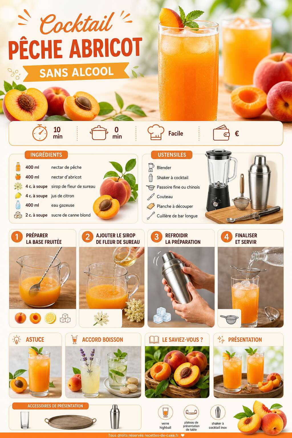 Fiche recette Cocktail pêche abricot sans alcool : recette facile et rafraîchissante Fiche recette Cocktail pêche abricot sans alcool : recette facile et rafraîchissante