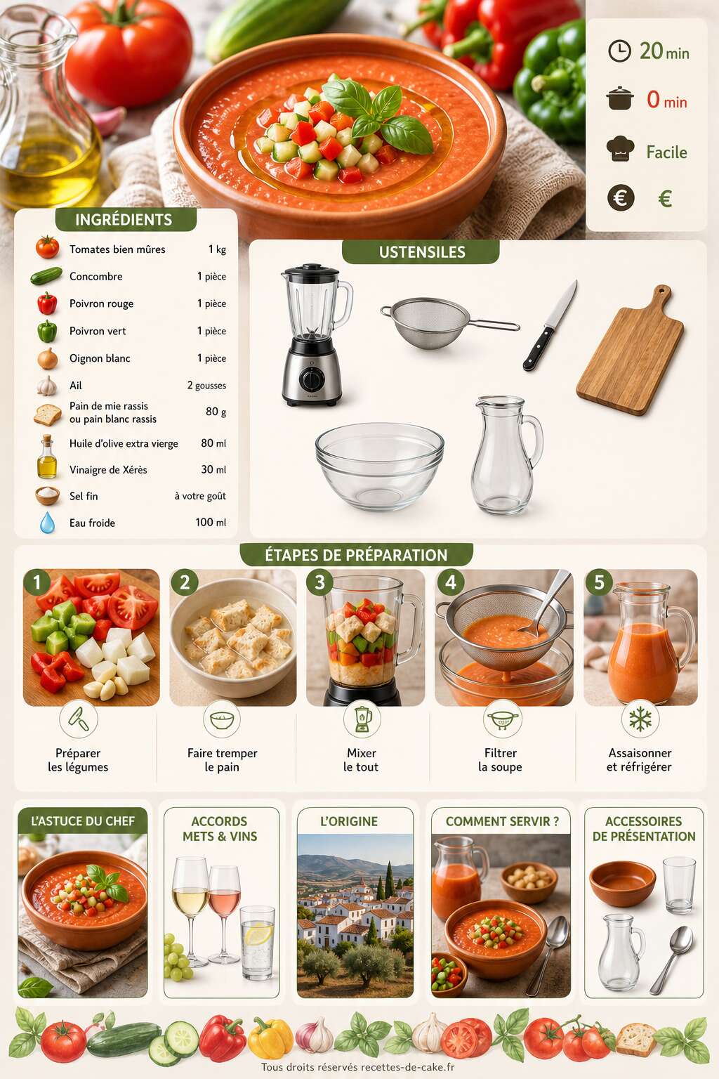 Fiche recette Recette authentique du Gaspacho : le secret de sa fraîcheur Fiche recette Recette authentique du Gaspacho : le secret de sa fraîcheur