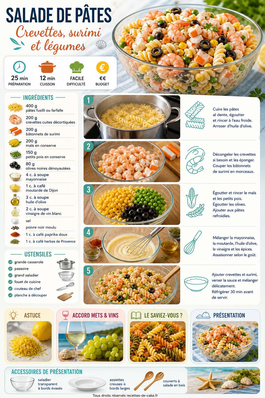 Fiche recette Salade de pâtes : crevettes, surimi et légumes Fiche recette Salade de pâtes : crevettes, surimi et légumes