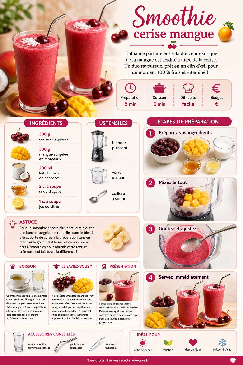 Fiche recette Smoothie cerise mangue : recette rapide et facile Fiche recette Smoothie cerise mangue : recette rapide et facile