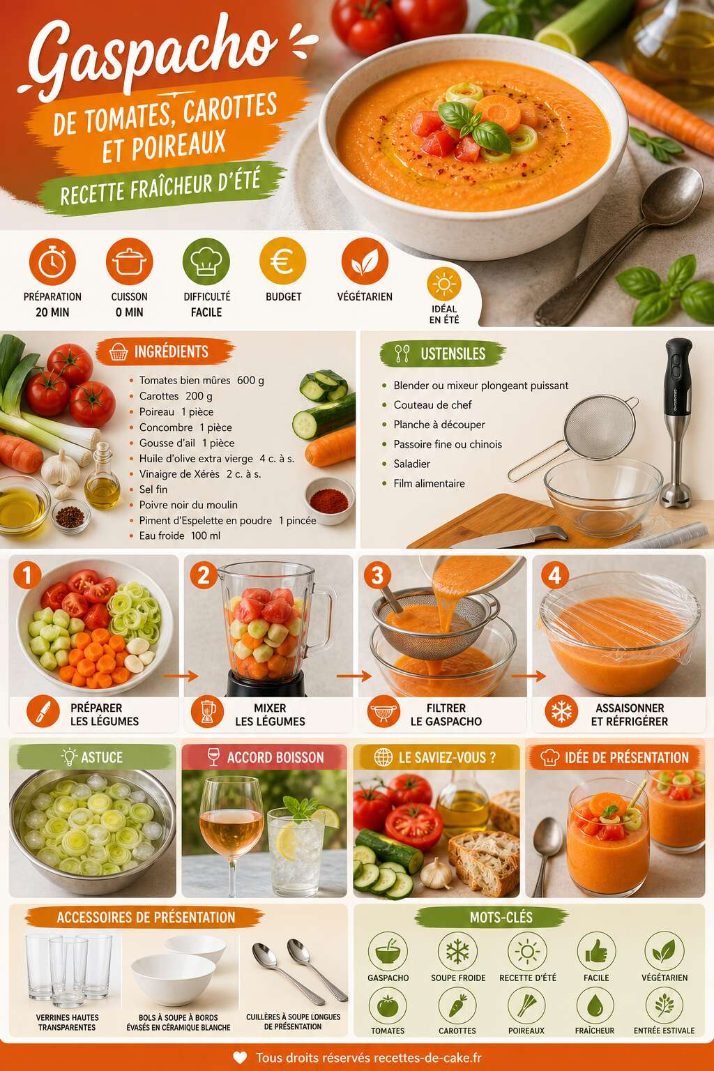 Fiche recette Gaspacho de tomates, carottes et poireaux : recette fraîcheur d'été Fiche recette Gaspacho de tomates, carottes et poireaux : recette fraîcheur d'été