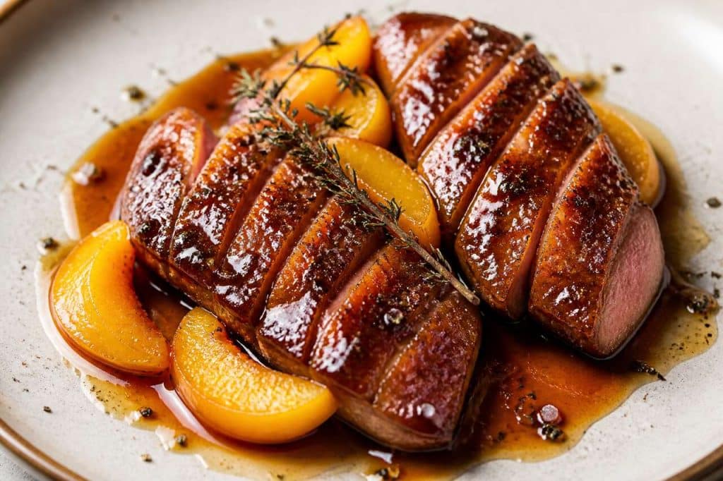 Magrets de canard à la pêche : recette gourmande