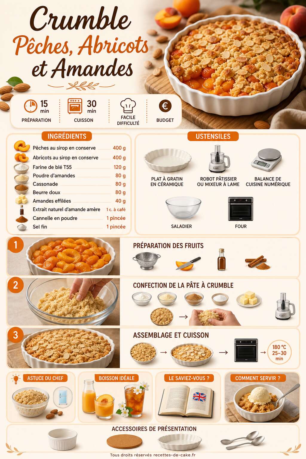 Fiche recette Recette crumble pêches abricots et amandes Fiche recette Recette crumble pêches abricots et amandes