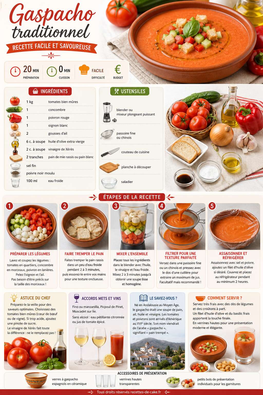 Fiche recette Gaspacho traditionnel : recette facile et savoureuse Fiche recette Gaspacho traditionnel : recette facile et savoureuse
