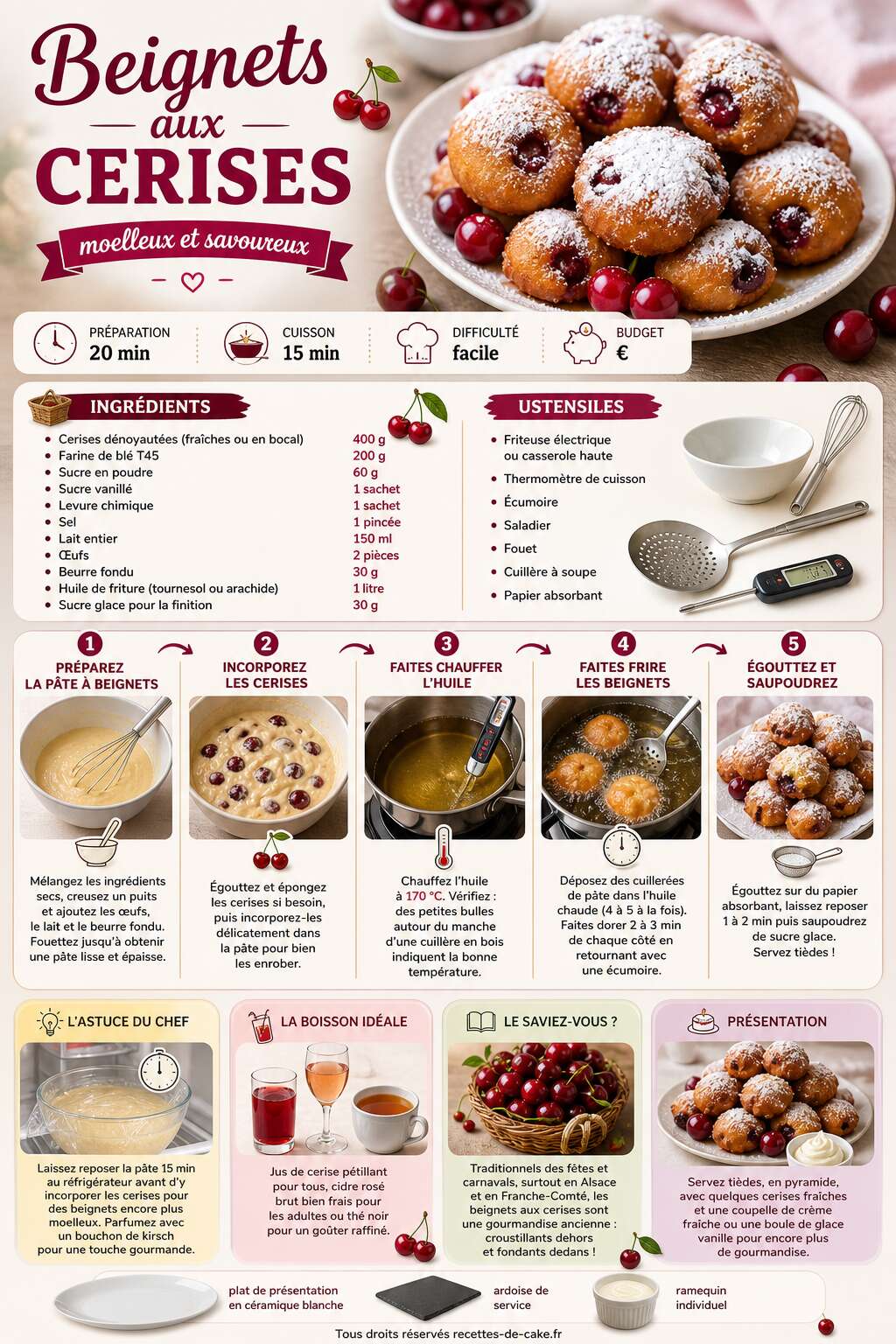 Fiche recette Recette de beignets aux cerises moelleux et savoureux Fiche recette Recette de beignets aux cerises moelleux et savoureux