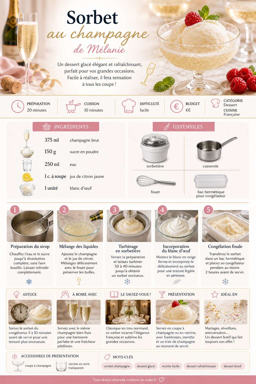 Fiche recette Sorbet au champagne de Mélanie : recette facile et rafraîchissante Fiche recette Sorbet au champagne de Mélanie : recette facile et rafraîchissante