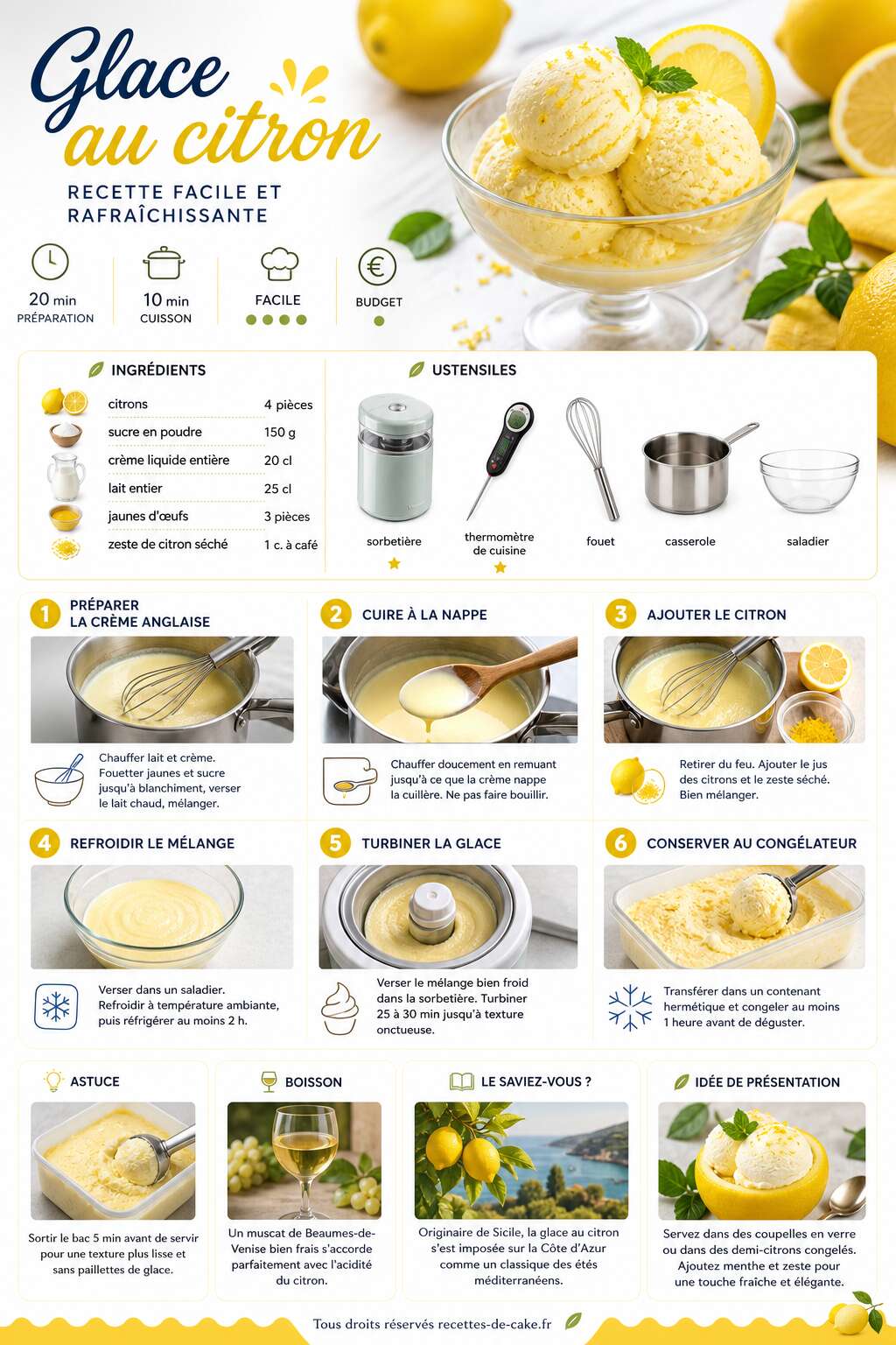 Fiche recette Glace au citron : recette facile et rafraîchissante Fiche recette Glace au citron : recette facile et rafraîchissante