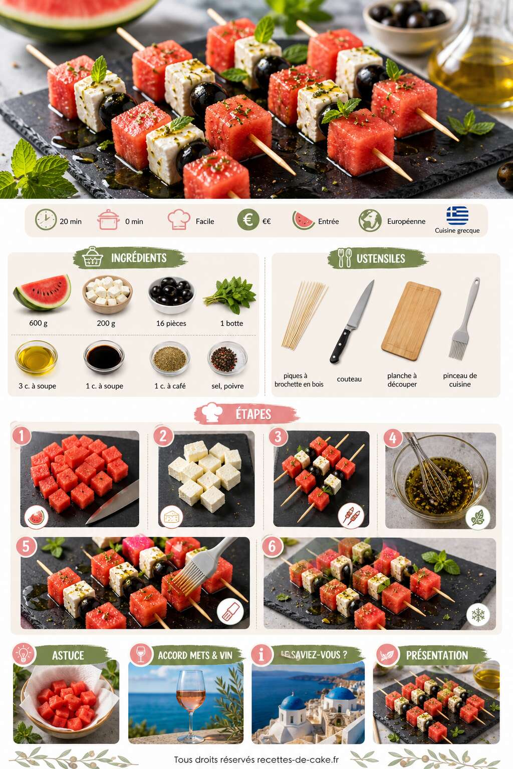 Fiche recette Brochettes de pastèque à la grecque : recette facile Fiche recette Brochettes de pastèque à la grecque : recette facile