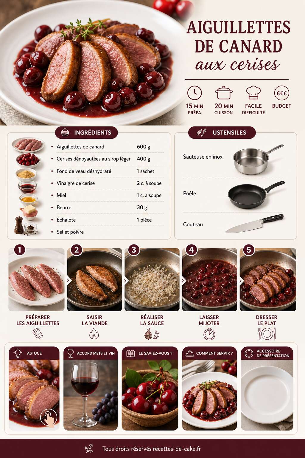 Fiche recette Aiguillettes de canard aux cerises : recette gourmande Fiche recette Aiguillettes de canard aux cerises : recette gourmande