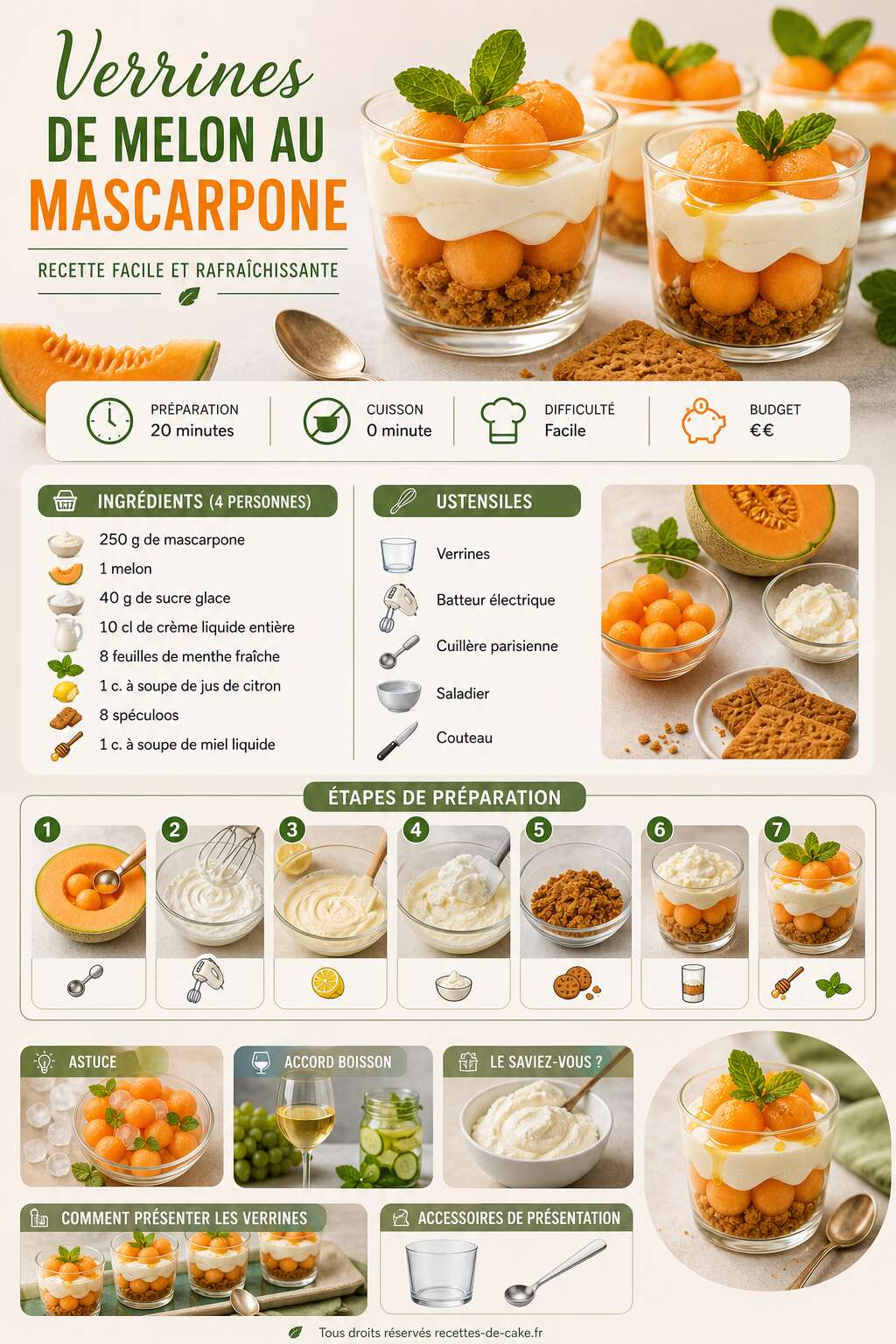 Fiche recette Verrines de melon au mascarpone : recette facile et rafraîchissante Fiche recette Verrines de melon au mascarpone : recette facile et rafraîchissante