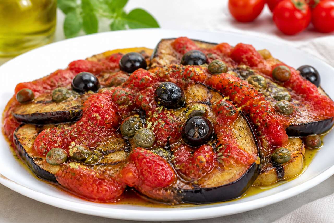 Aubergines aux câpres et tomates : recette en sauce vinaigrée