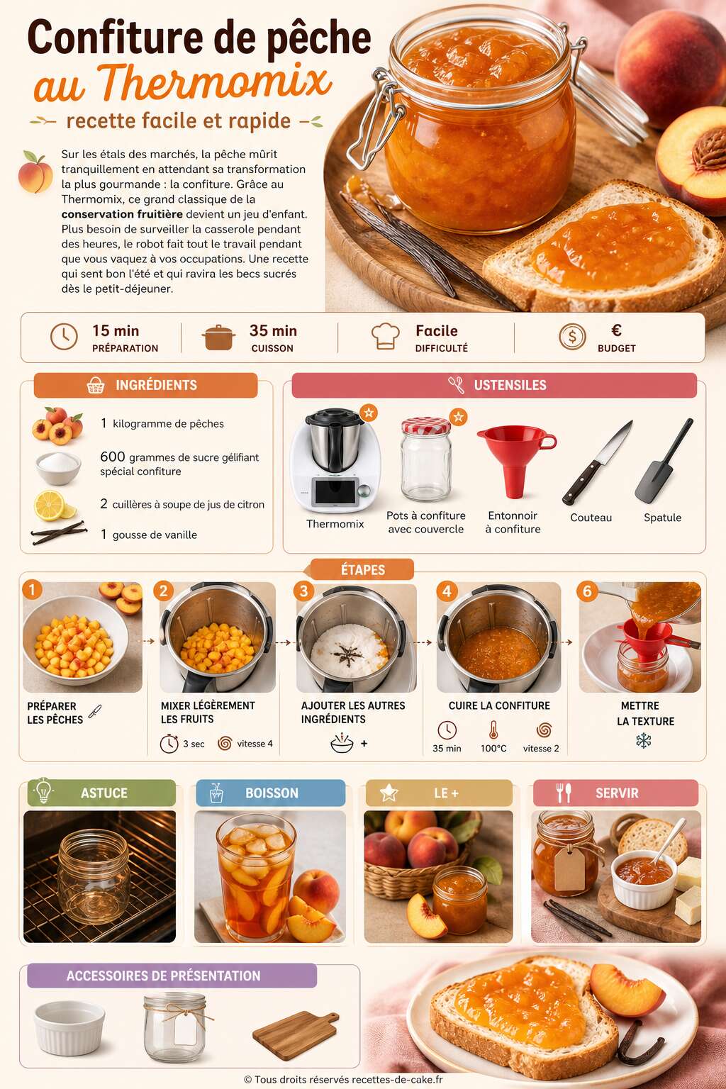 Fiche recette Confiture de pêche au Thermomix : recette facile et rapide Fiche recette Confiture de pêche au Thermomix : recette facile et rapide
