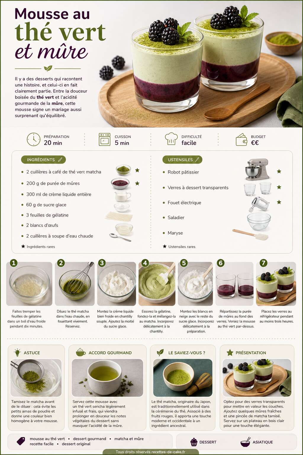 Fiche recette Mousse au thé vert et mûre : recette gourmande Fiche recette Mousse au thé vert et mûre : recette gourmande