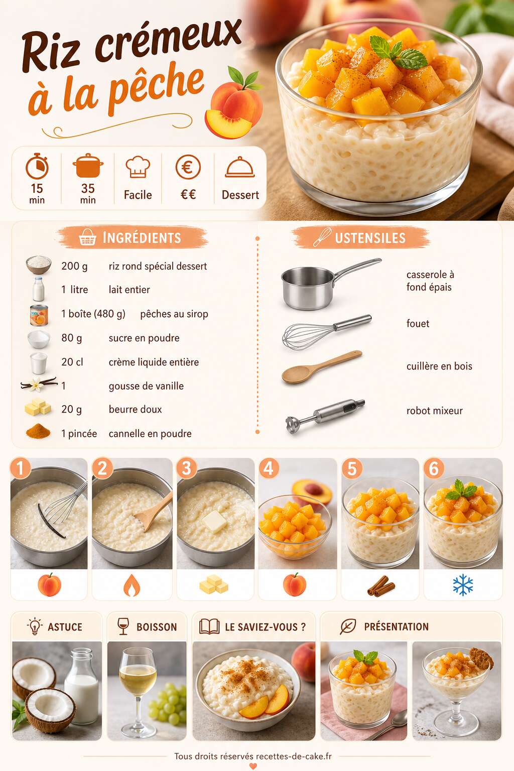 Fiche recette Riz crémeux à la pêche : recette gourmande et facile Fiche recette Riz crémeux à la pêche : recette gourmande et facile