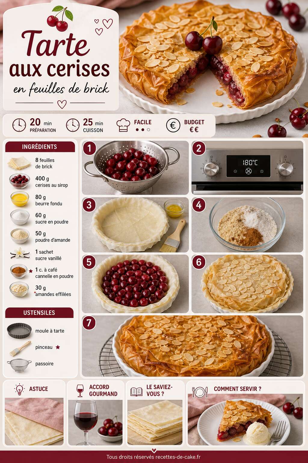 Fiche recette Tarte aux cerises en feuilles de brick : recette gourmande Fiche recette Tarte aux cerises en feuilles de brick : recette gourmande